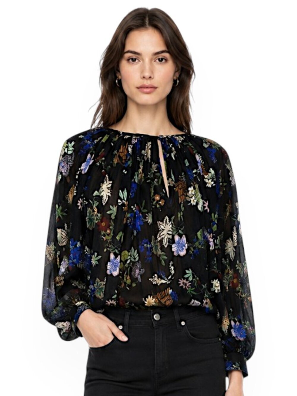 Forte Forte Black Floral Pattern Cotton Silk Crewneck Long Sleeve Blouse Top II
